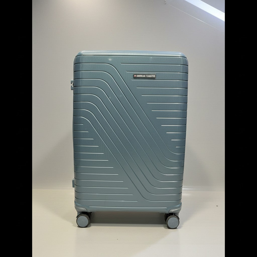 Fixed Price Shop American Tourister light blue hardshell luggage with expandable zipper and TSA lock.