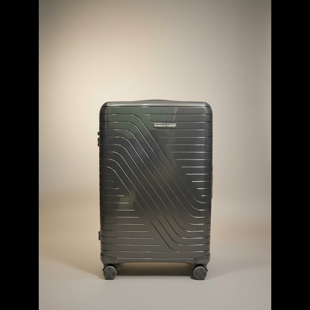 Fixed Price Shop American Tourister charcoal grey hardshell luggage with antitheft zipper and TSA lock, expandable.