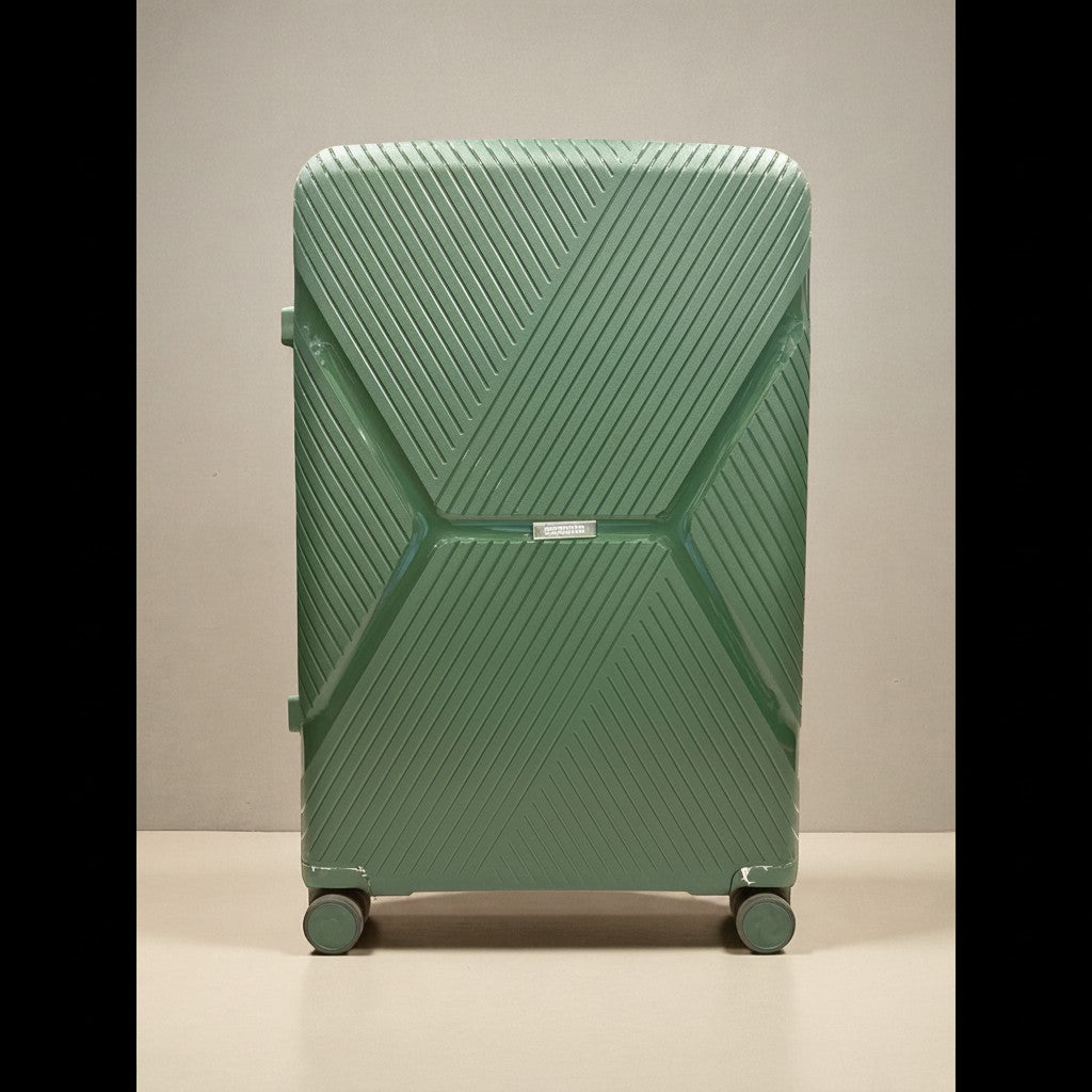 American Tourister green PP luggage with expandable zipper and TSA lock. Features 360-degree wheels and anti-theft design.