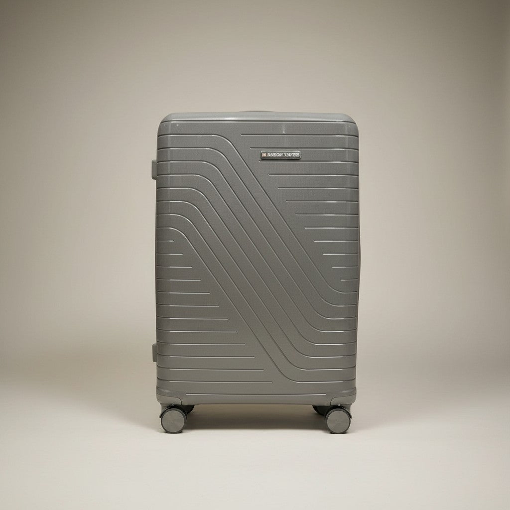 Fixed Price Shop American Tourister grey expandable pp luggage with TSA lock and antitheft zipper.