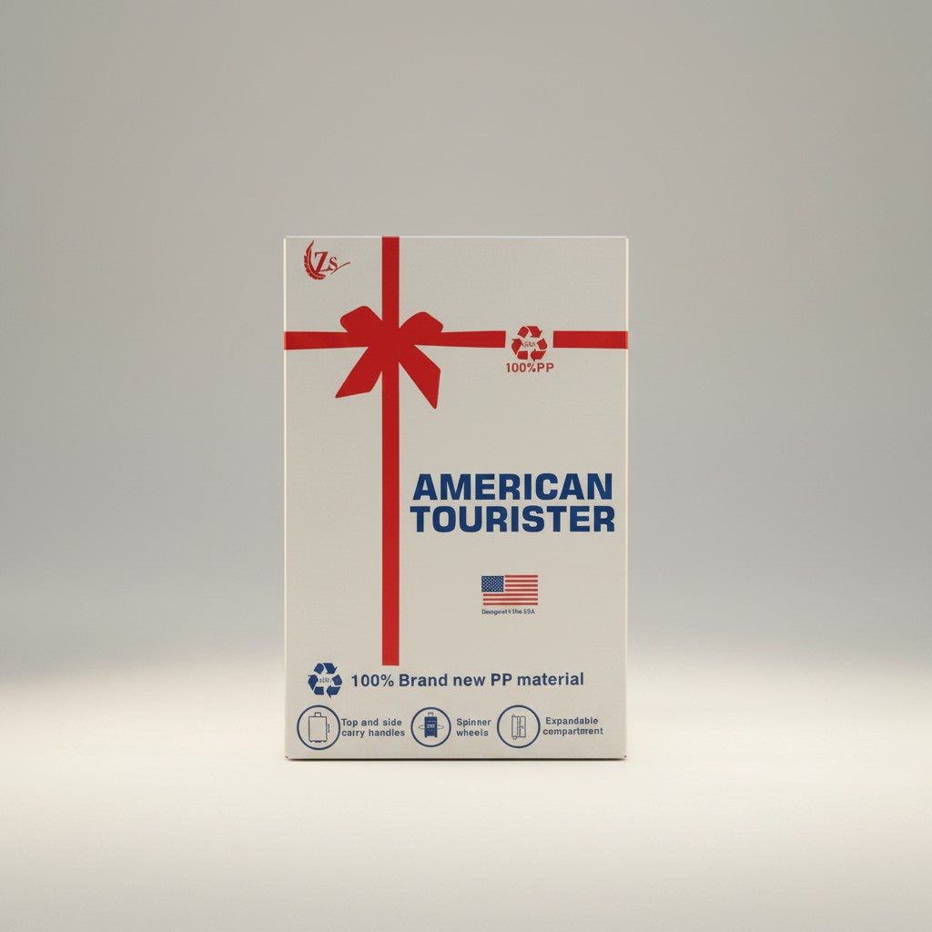 Fixed Price Shop American Tourister luggage box with red ribbon design, 100% PP material, spinner wheels, and expandable compartment.