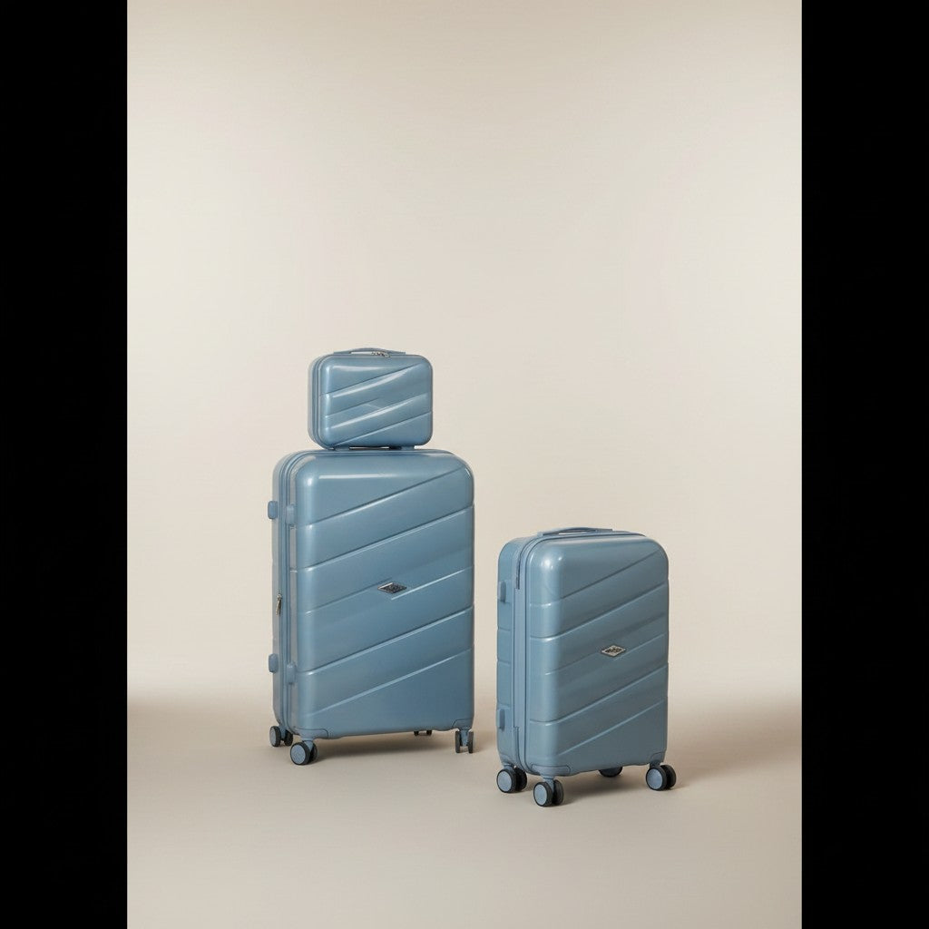 Fixed Price Shop light blue polypropylene luggage set with antitheft zipper and TSA lock, expandable for extra space.
