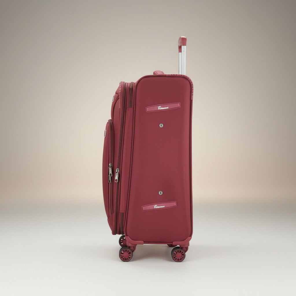 Fixed Price Shop UK Parliament burgundy nylon suitcase with antitheft zipper, numeric lock, and 360-degree wheels.