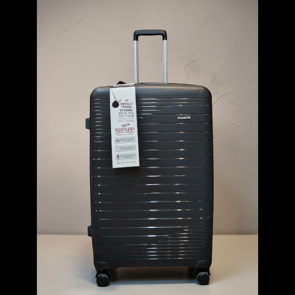 Fixed Price Shop dark grey 100% PP trolley case with expandable capacity and 360 revolving wheels.