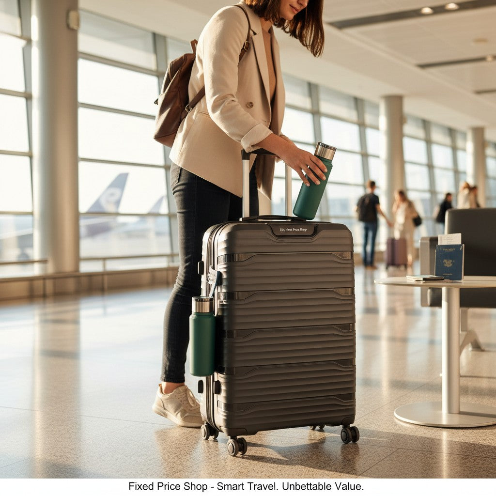 Fixed Price Shop Swiss Traveller dark grey hardshell suitcase with a teal water bottle attached to the side.