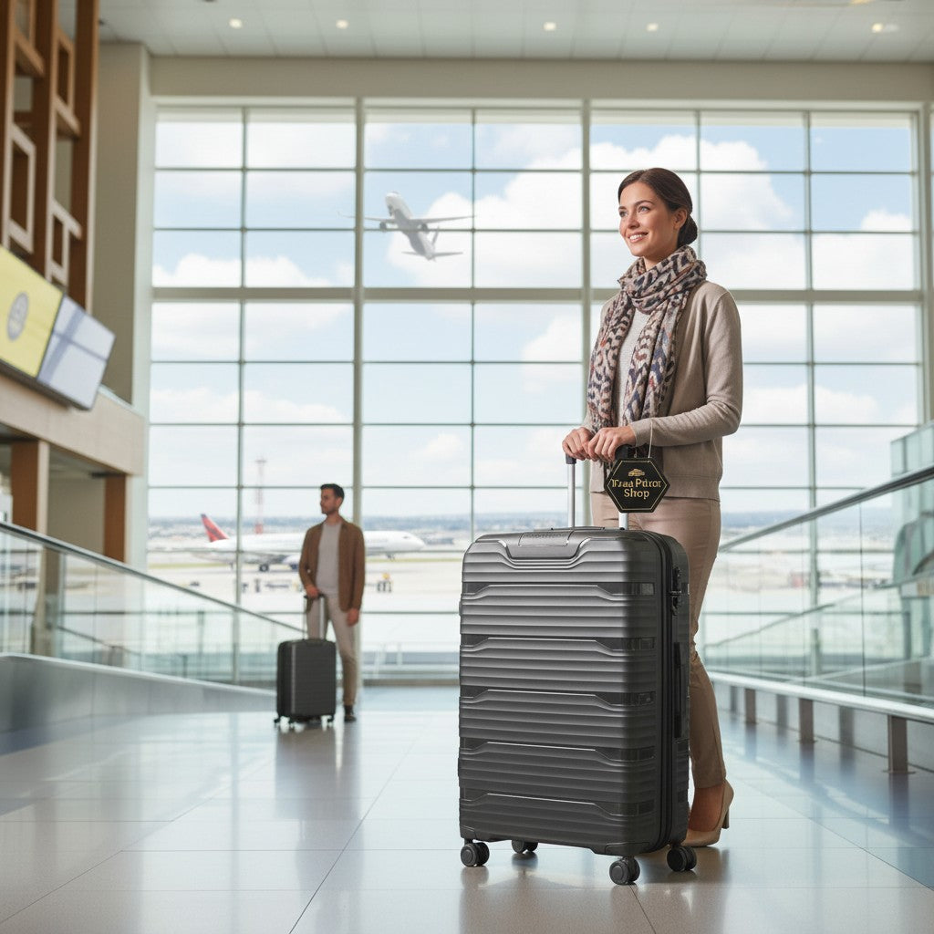 Fixed Price Shop dark grey textured PP Swiss Traveller suitcase with 360° wheels and antitheft zipper.