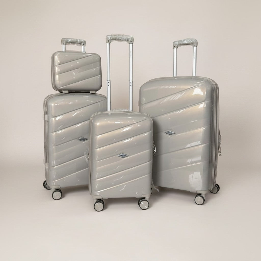 Fixed Price Shop Dovell silver 4-piece luggage set with TSA lock and expandable zippers. Made from durable PP plastic.