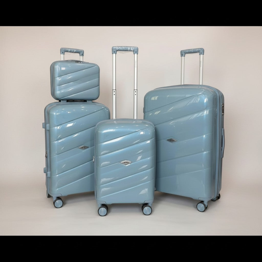 Fixed Price Shop light blue polypropylene luggage set with TSA lock and expandable zipper. Four sizes shown.