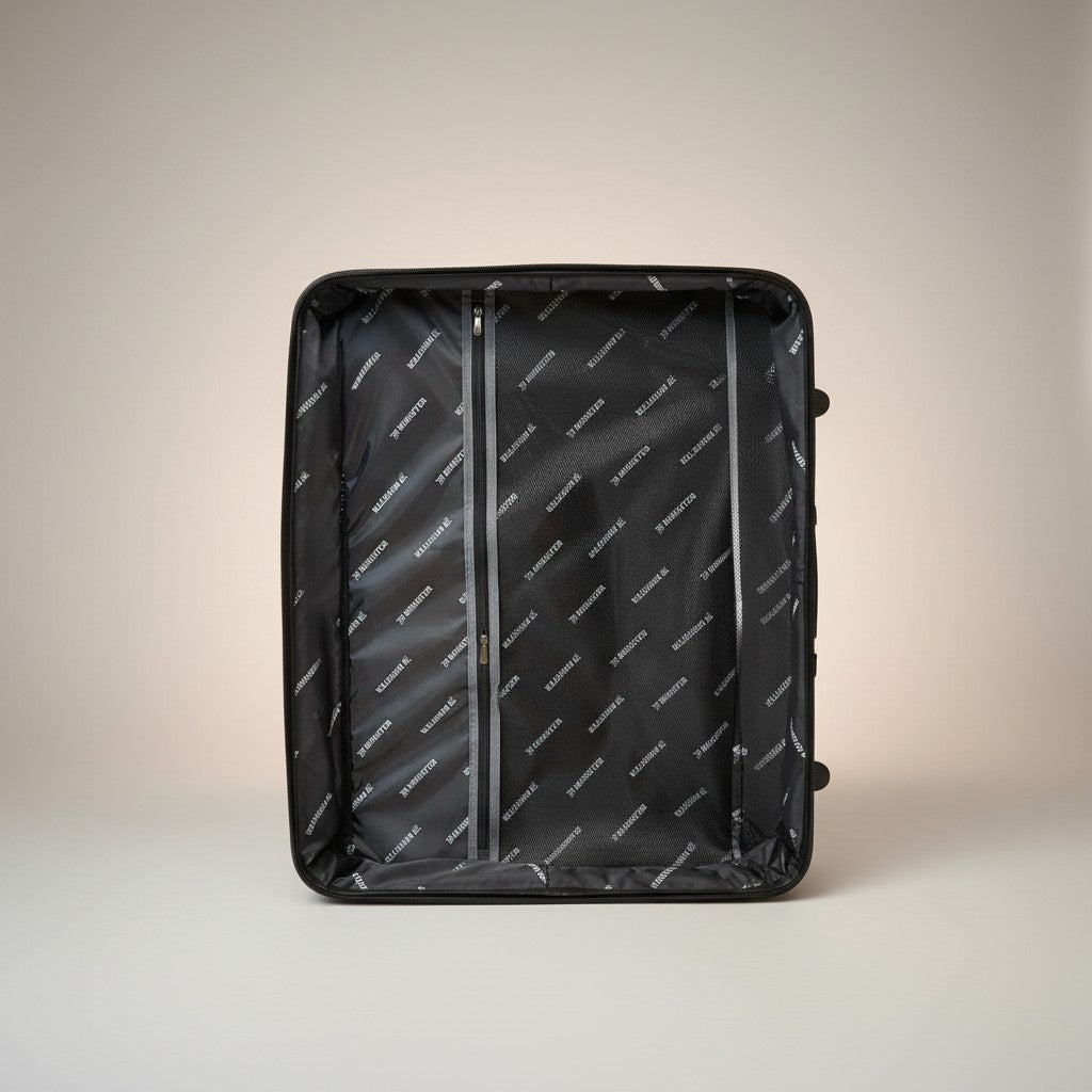 Fixed Price Shop Minister black luggage interior with repeating logo pattern and zippered compartment.