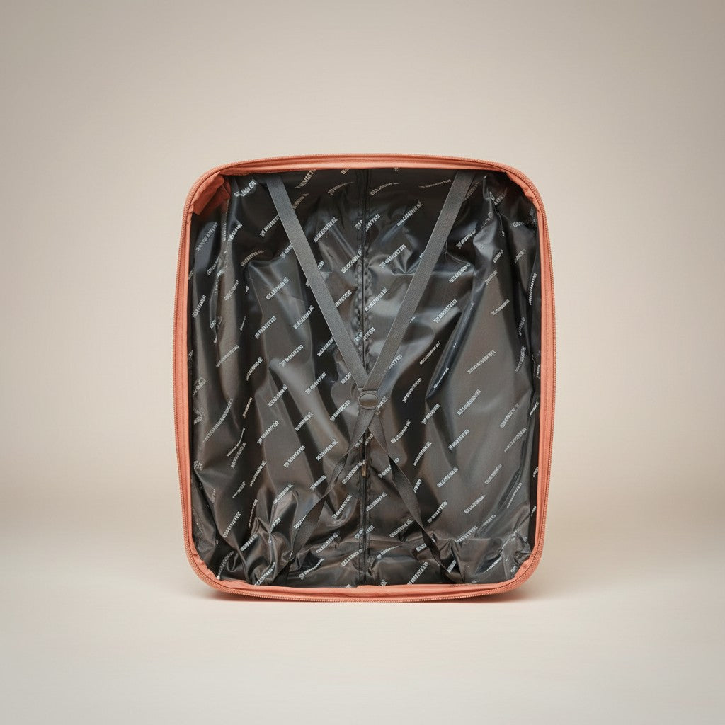 Fixed Price Shop Minister luggage interior with black lining featuring repeating logo pattern and grey compression straps.