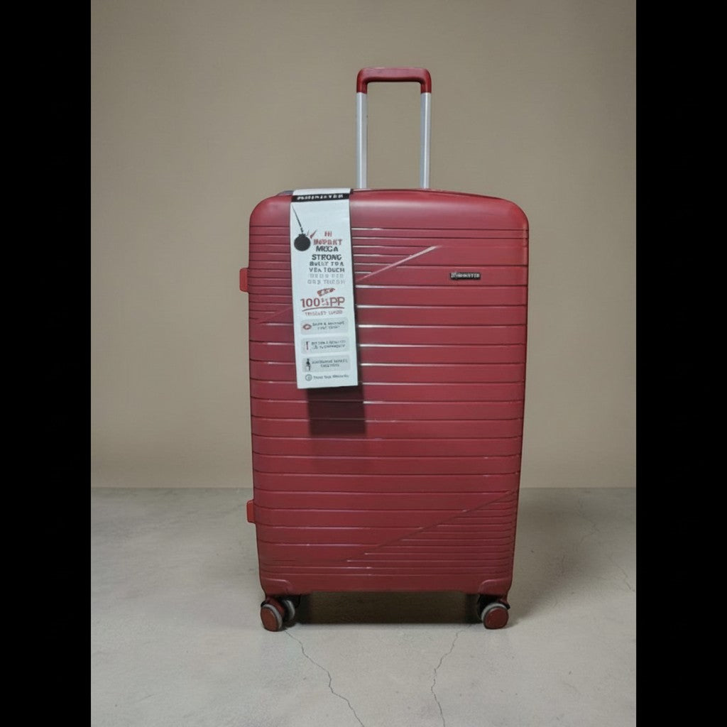 Fixed Price Shop Minister red 100% PP trolley case with expandable capacity and 360-degree wheels.