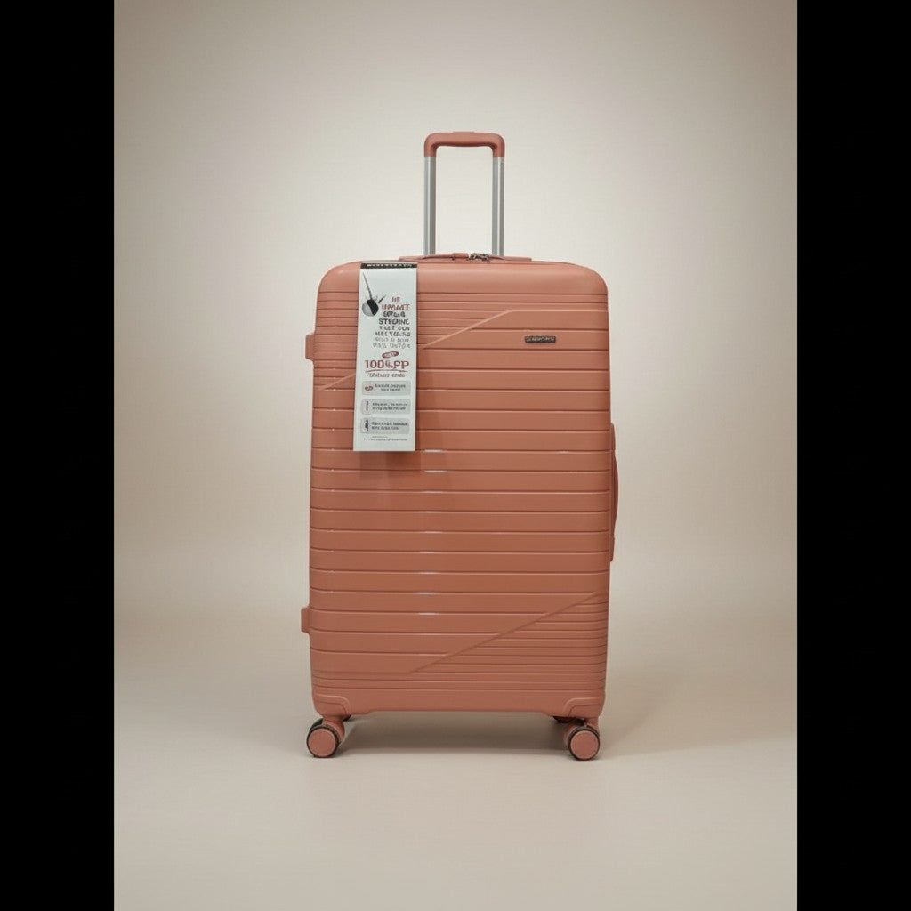 Fixed Price Shop Minister rose gold luggage made of durable PP material with antitheft zippers and 360" wheels.