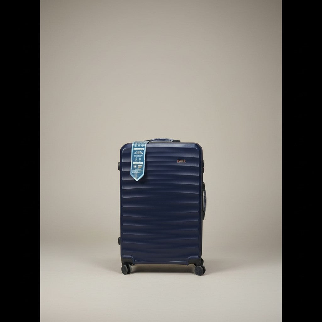 Fixed Price Shop navy blue hardcase luggage with 360 spinner wheels and textured finish.