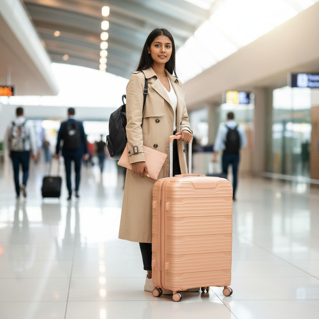 Fixed Price Shop Swiss Traveller peach hardshell suitcase with 360° wheels and antitheft zipper.