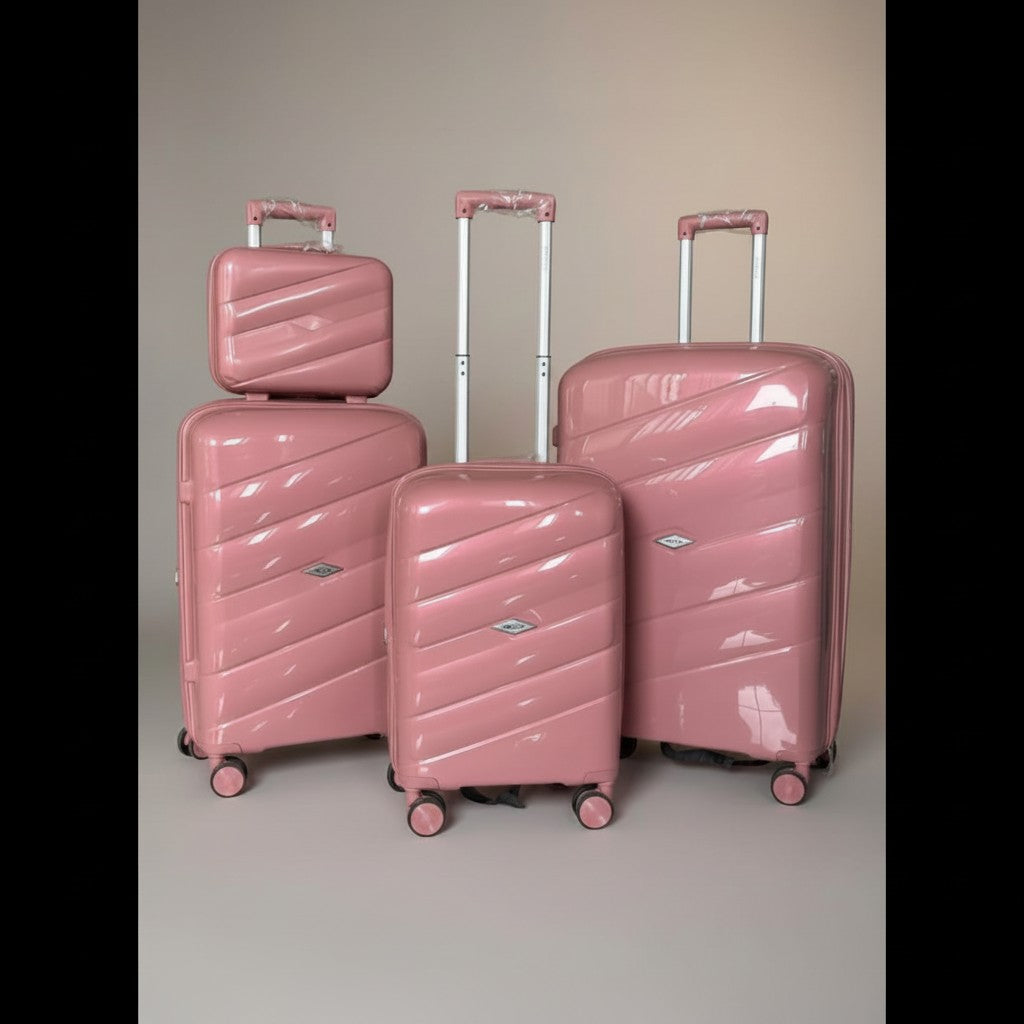 Fixed Price Shop pink polypropylene luggage set with TSA lock and expandable zipper. Four sizes shown.
