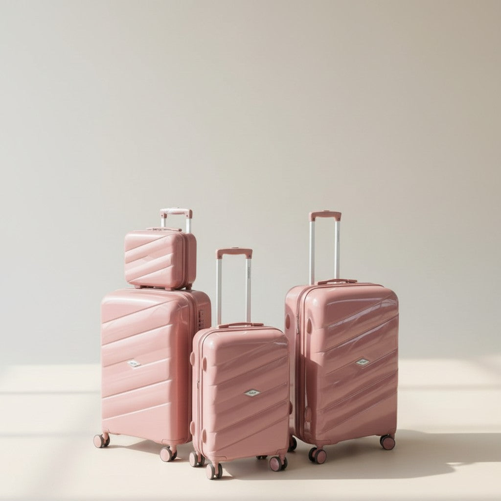 Fixed Price Shop pink polypropylene luggage set with TSA lock and expandable zipper, shown with a young woman at an airport.
