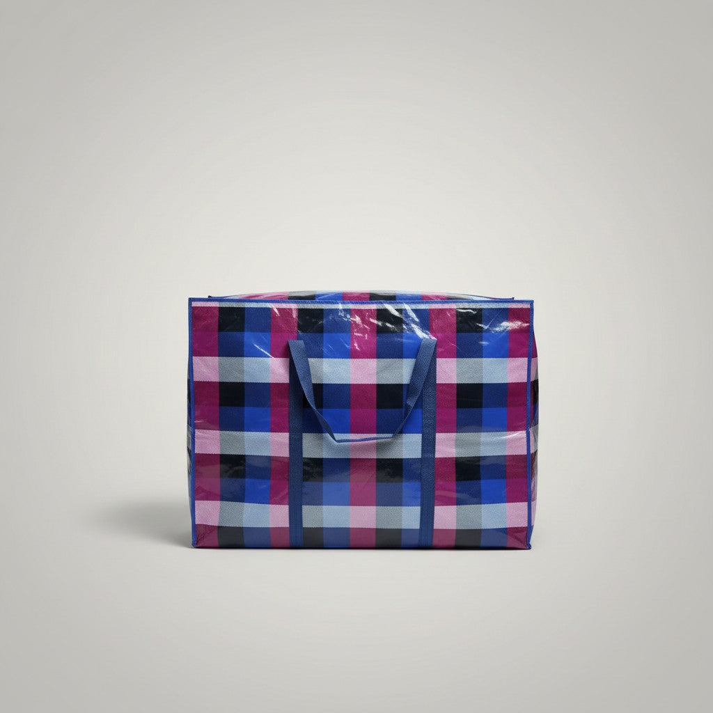 Fixed Price Shop large plaid storage bag with blue handles and zipper closure, ideal for home organization and travel.
