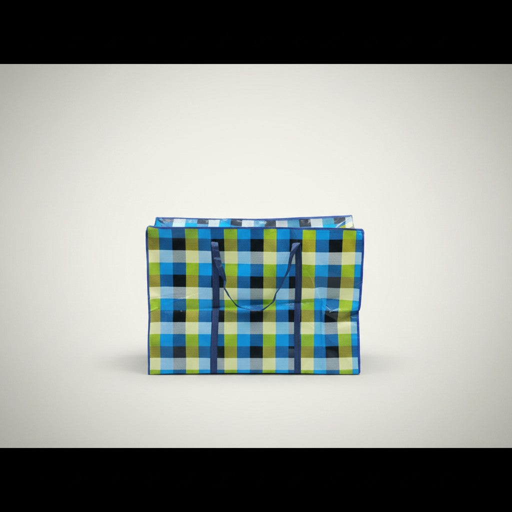 Fixed Price Shop blue, green, and yellow plaid non-woven storage bag with zipper closure and strip handles.