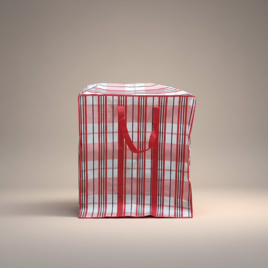 Fixed Price Shop red and white plaid storage bag with red handles and zipper closure, made of non-woven coated material.