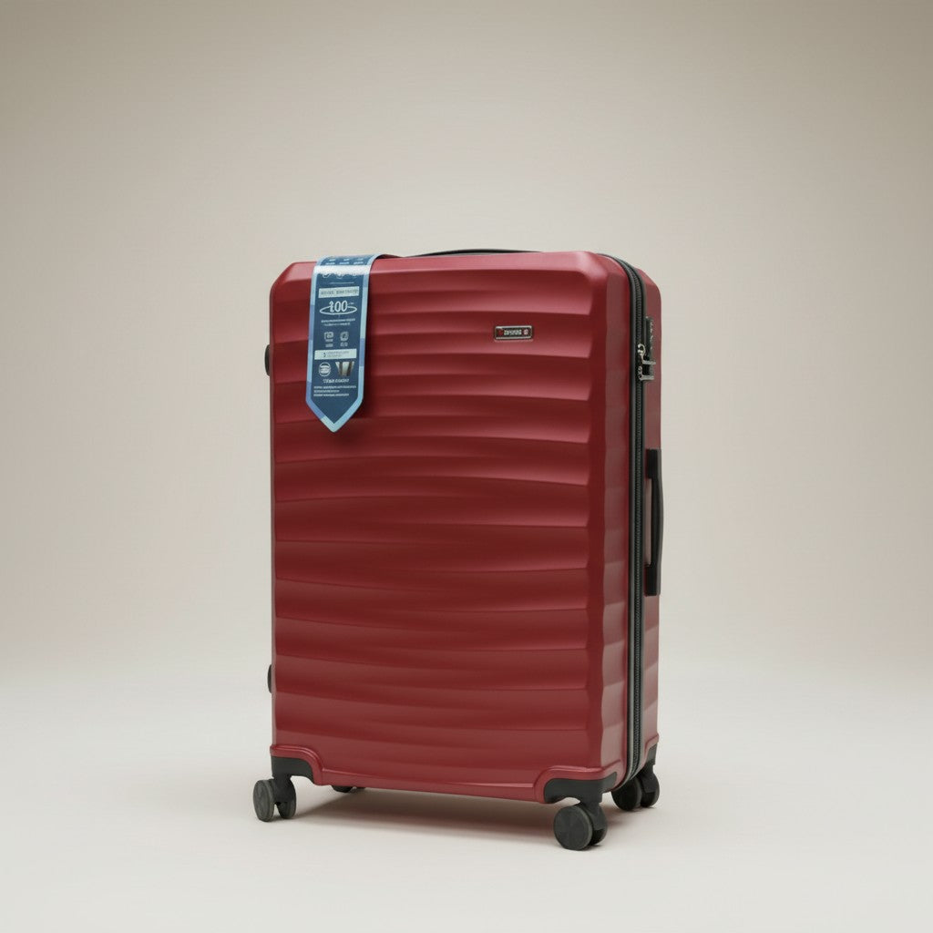 Fixed Price Shop red hardcase Swiss luggage with spinner wheels and textured exterior, ideal for durable travel.