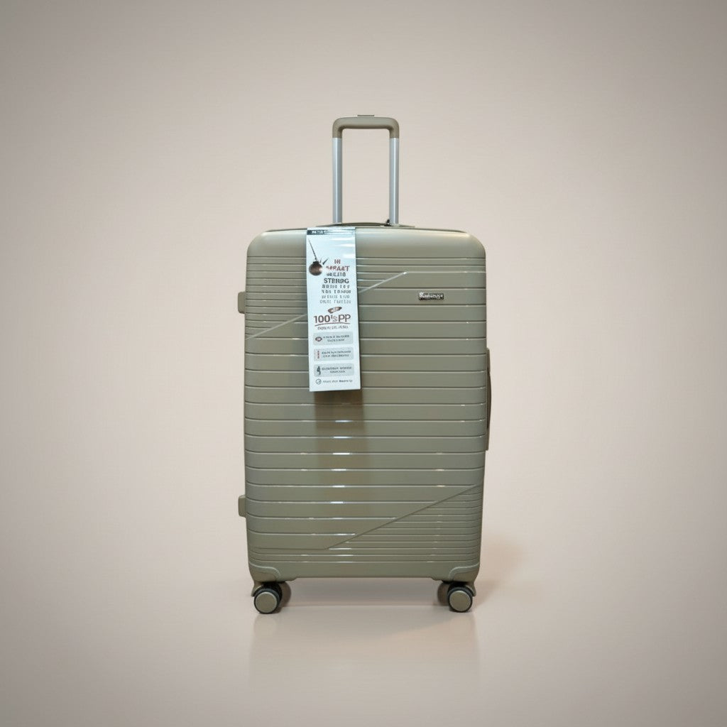 Fixed Price Shop Minister luggage, taupe 100% PP trolley case with expandable capacity and 360 revolving wheels.