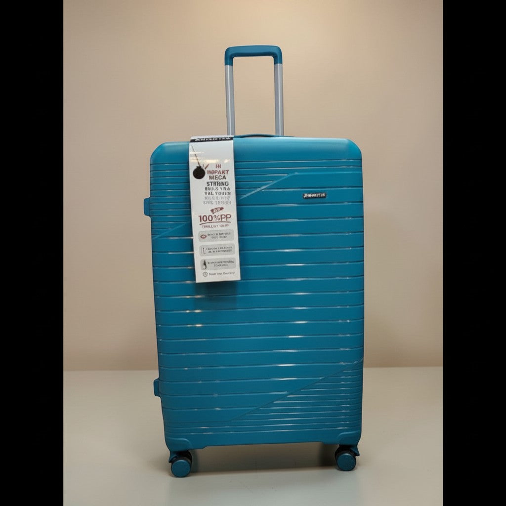 Fixed Price Shop turquoise blue 100% PP trolley case with expandable capacity and 360 revolving wheels.