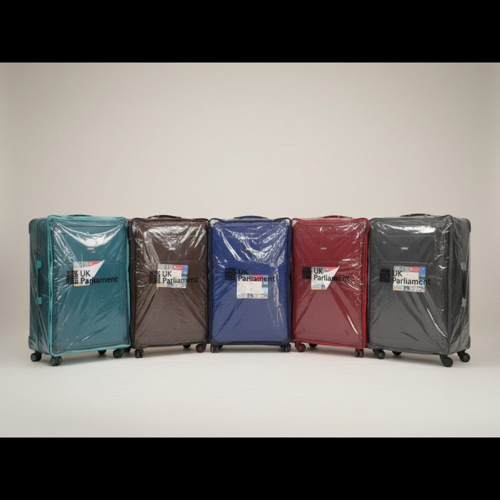 Fixed Price Shop UK Parliament luggage set in teal, brown, navy, burgundy, and charcoal, featuring antitheft zippers and numeric locks.
