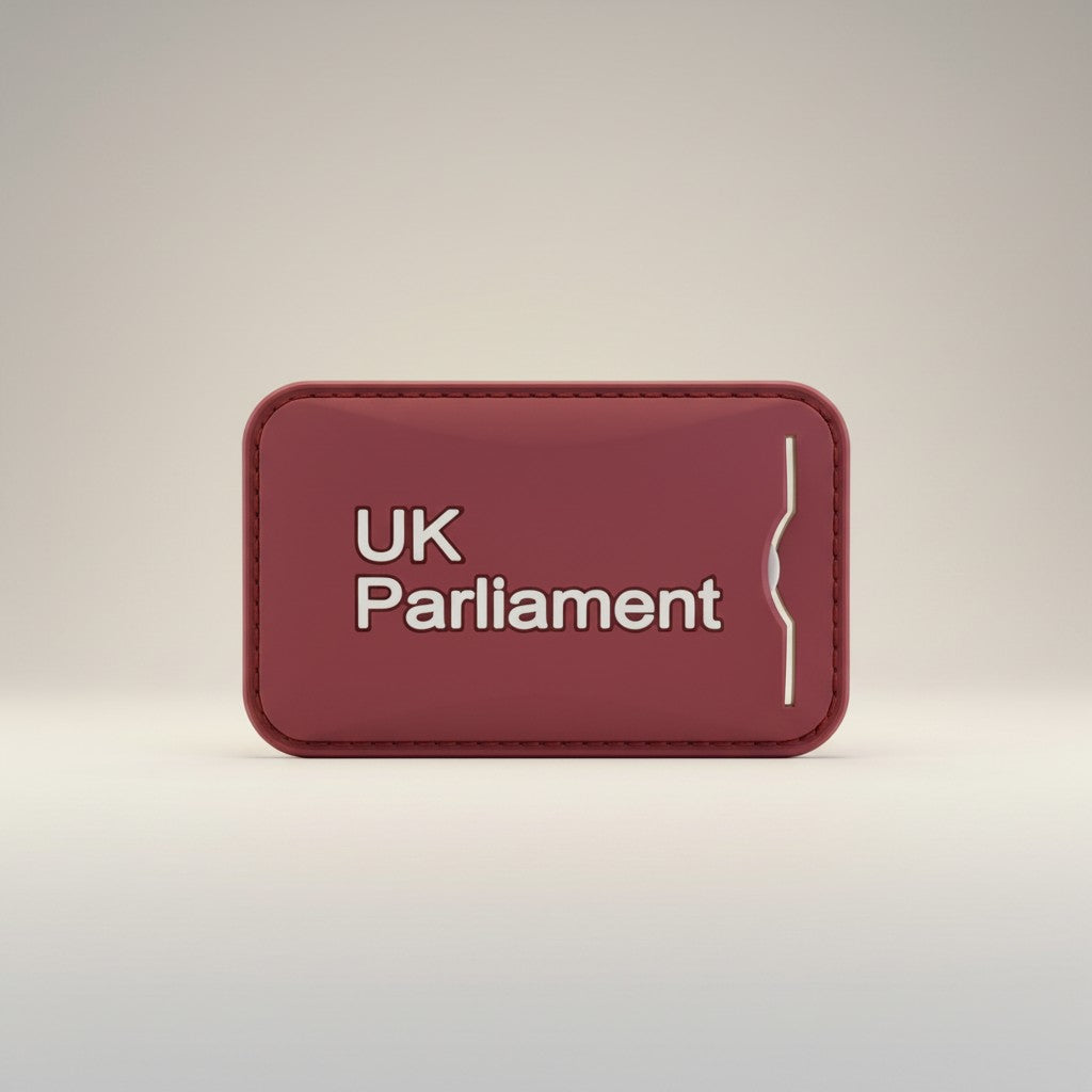 Fixed Price Shop UK Parliament burgundy luggage tag with embossed lettering.