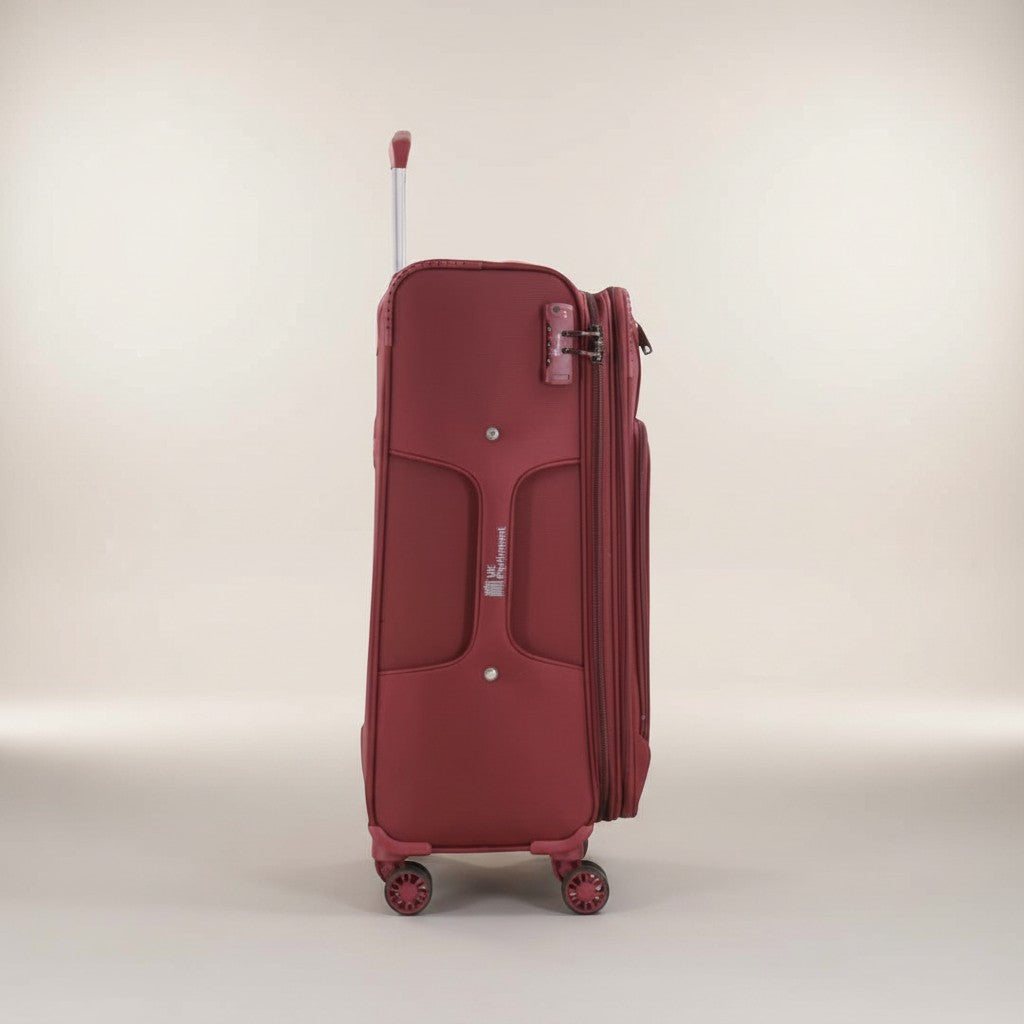Fixed Price Shop UK Parliament red nylon suitcase with numeric lock and expandable zipper, 360-degree wheels.