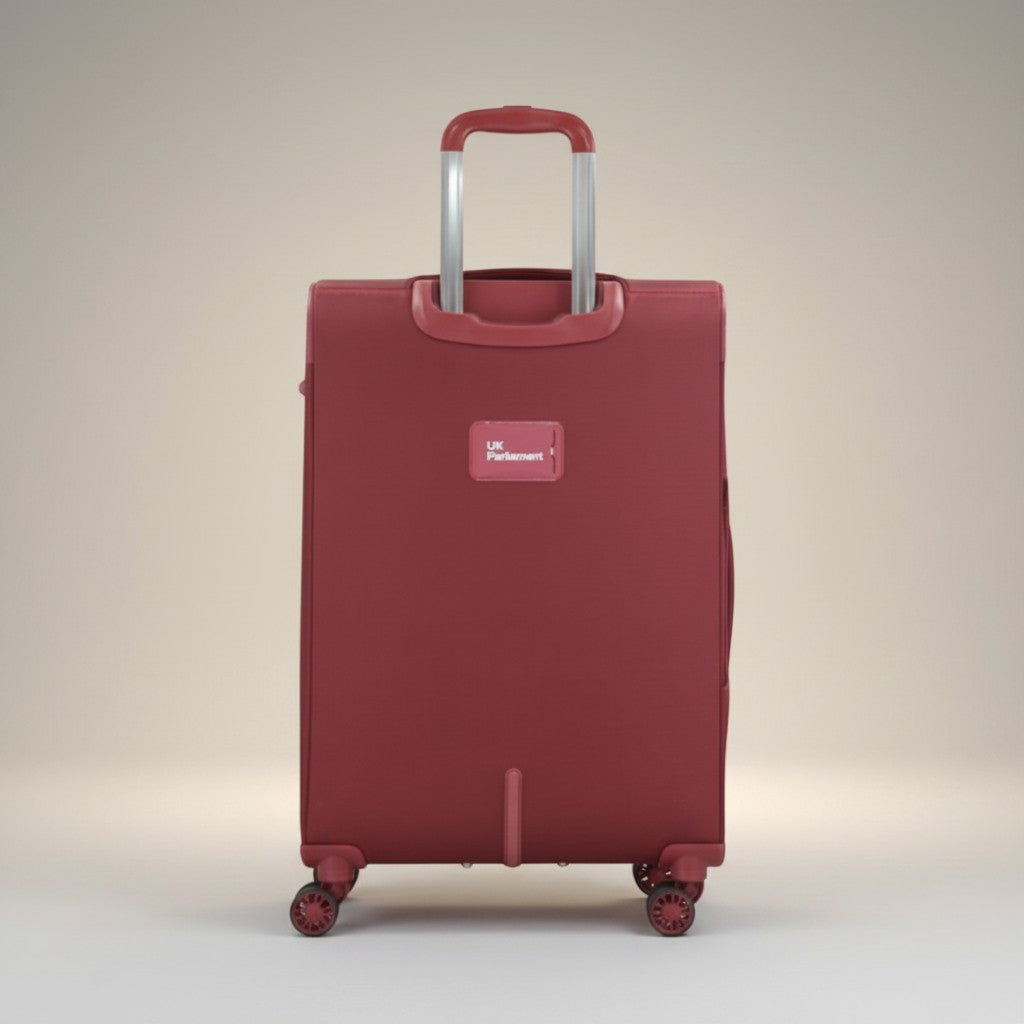 Fixed Price Shop UK Parliament red nylon expandable suitcase with numeric lock and 360-degree wheels.